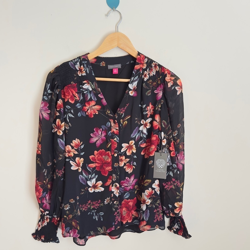 Vince Camuto Women’ Summer V Neck Long Sleeve Floral Lightweight Blouse  Sz XXS